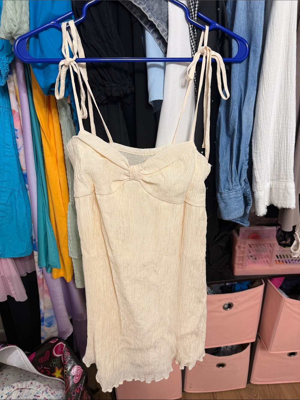 Tie-Shoulder Cream Mini Dress with Front Knot